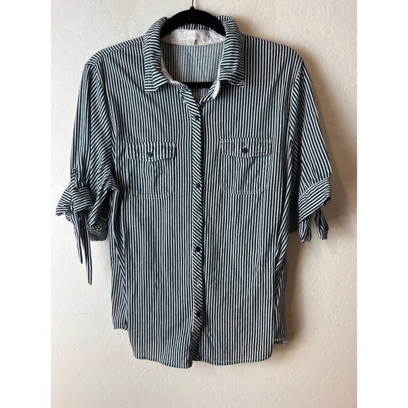 Eden & Olivia Sz 2X Blue White Striped Feminine Blouse with Sleeve Ties Pockets - Picture 1 of 6